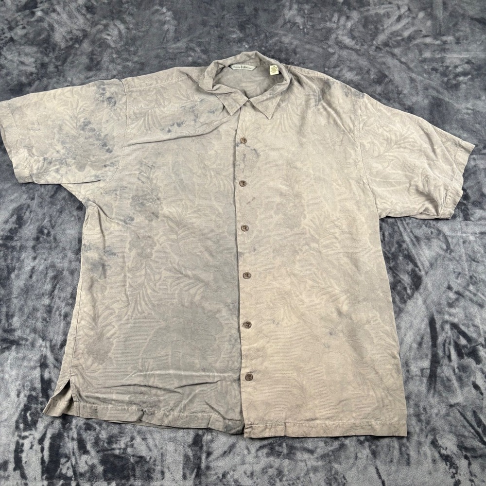 Tommy Bahama Button Down Mens XL Gray Silk Floral Jacquard Short Sleeve Shirt